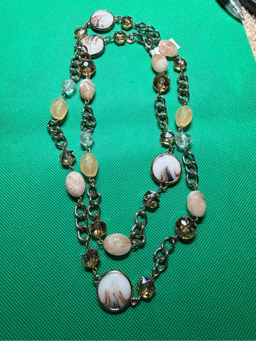 Beige and Gold Multi-Strand Glass Bead Necklace